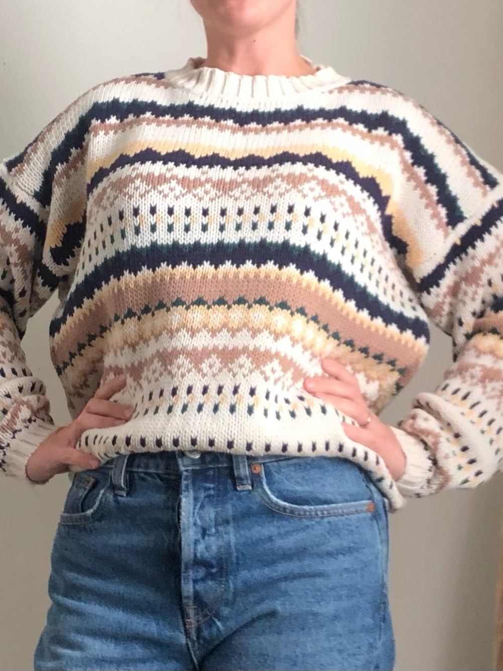 Vintage Cream Fair Isle Crewneck Sweater with Navy & Pastel Stripes